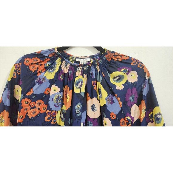 Creme Fraiche Size S Floral Pink Yellow Orange Navy Women Top Blouse 100% Silk - Picture 4 of 10
